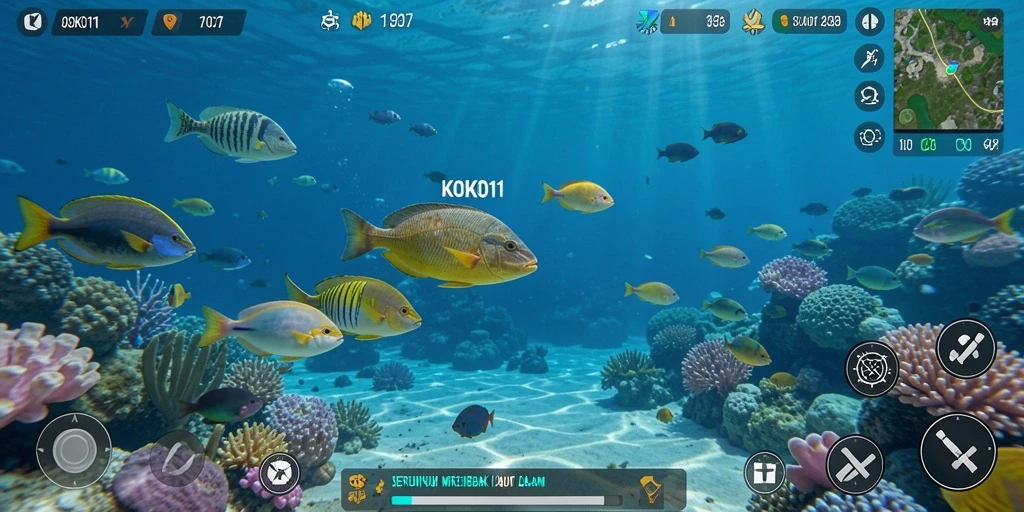 Screenshot gameplay KOKO11 menampilkan aksi menembak ikan yang seru.