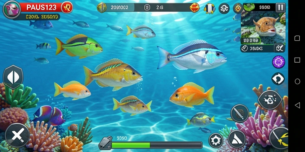 Screenshot menunjukkan aksi menembak ikan yang mendebarkan.